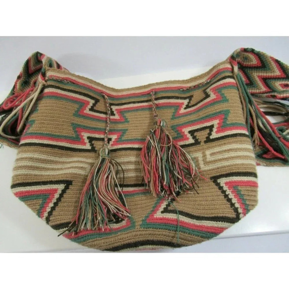 Wayúu Mochila Bag Woven Handbag Bucket with Shoulder Straps Colombian Pink Beige - Picture 4 of 9